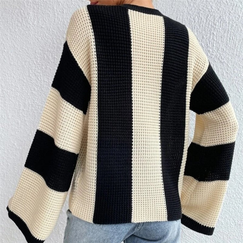 Striped Color Block Casual Flare Sleeve Knit Sweater
