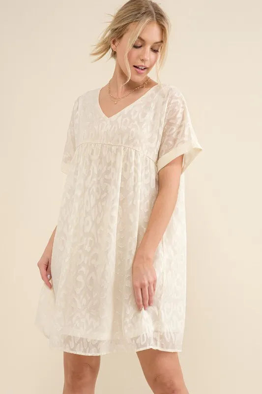 Woven Leopard Baby Doll Roll-Sleeve Casual Dress