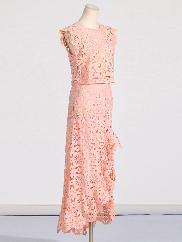 Flower Print Hollow Jacquard Solid Color Round-Neck Vest Top + Ruffle Trim Bodycon High-Low Skirts Bottom Two Pieces Set