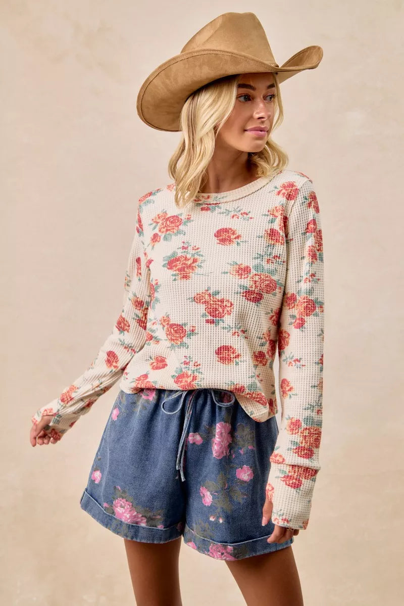 Floral Print Washed Waffle Thermal Top With Thumb