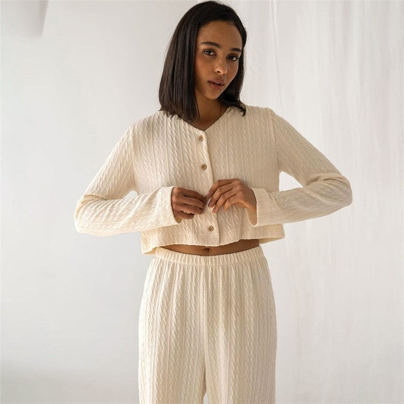 Solid Color Knitted V-Neck Cardigan and Pants Lounge Suit