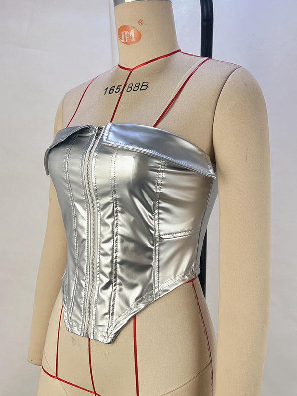Skinny Sleeveless Solid Color Split-Joint Zipper Tube Vest Top