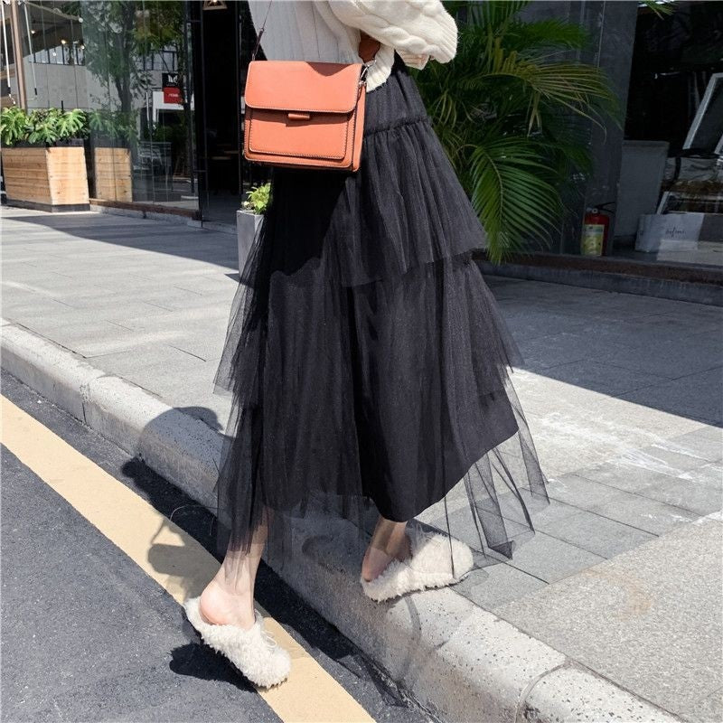 Solid Color Elastic Waist Mesh Patchwork Cake Skirt