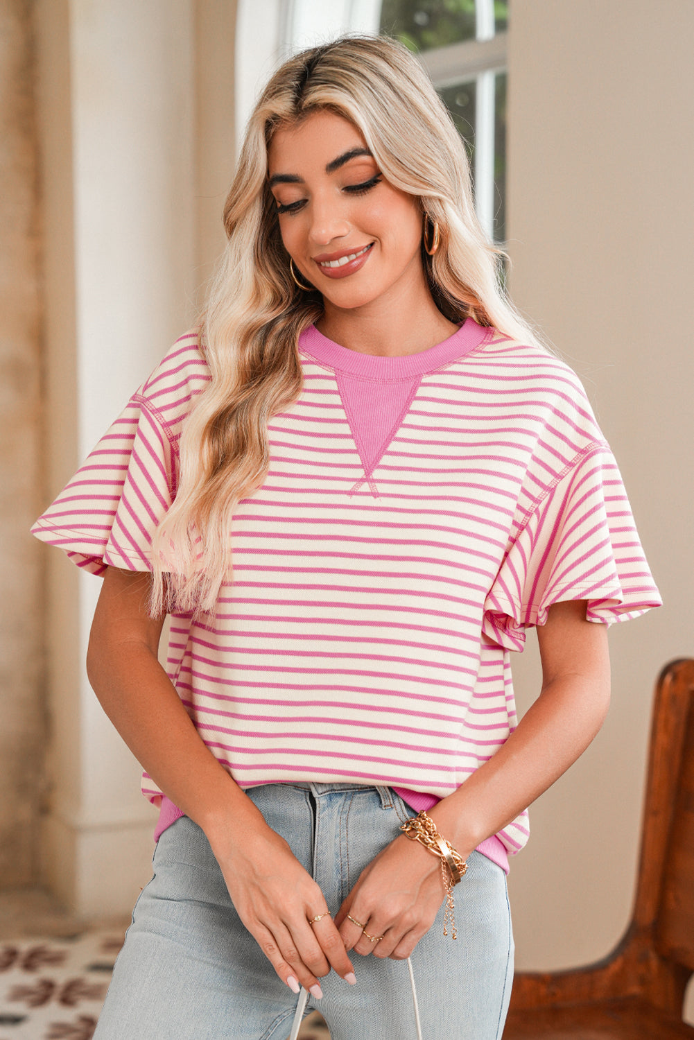 Parchment Striped Ruffle Sleeve Round Neck Top