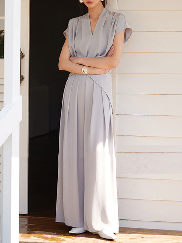 High Waisted Wide Leg Elasticity Pleated Solid Color Pants Trousers