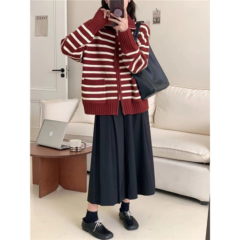 Long Sleeve Lapel Zipper Striped Casual Loose Knitted Cardigan Sweater