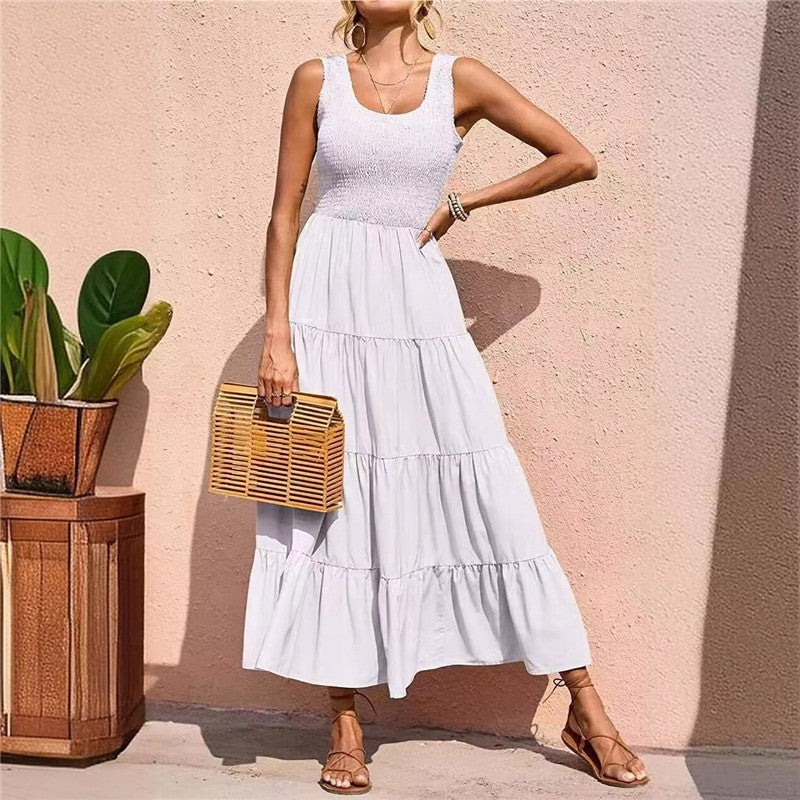Solid Color Pleated Halter Swing Dress