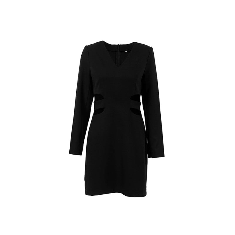 Solid Color Long Sleeve V-Neck Hollow A-Line Mini Dress
