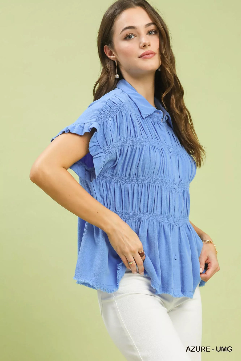 Washed Linen Blend Smocked Shirt
