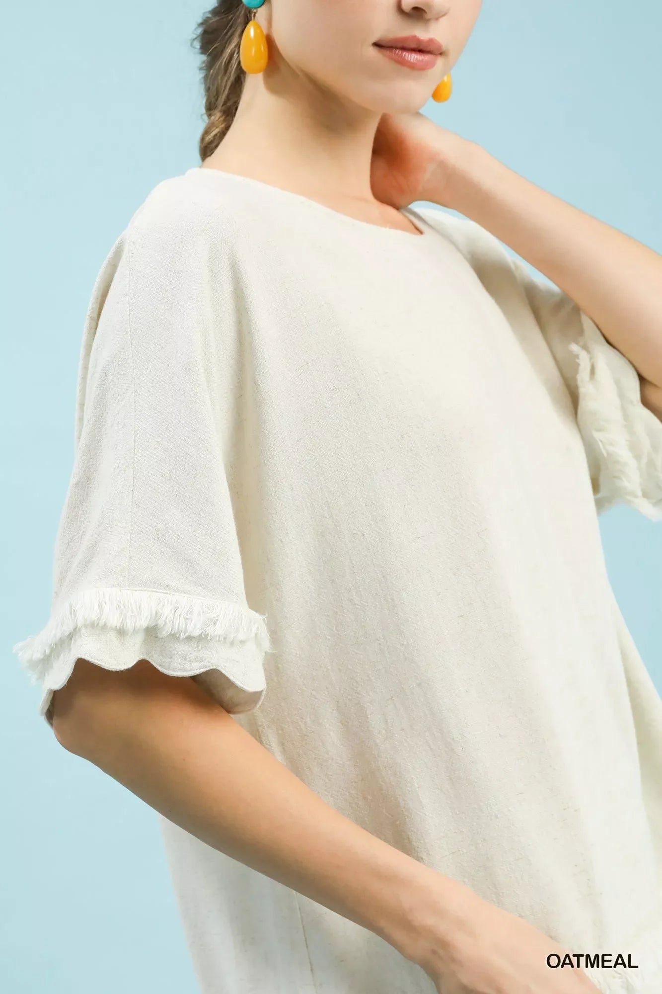 Linen Frayed Hem Scallop Edge Top