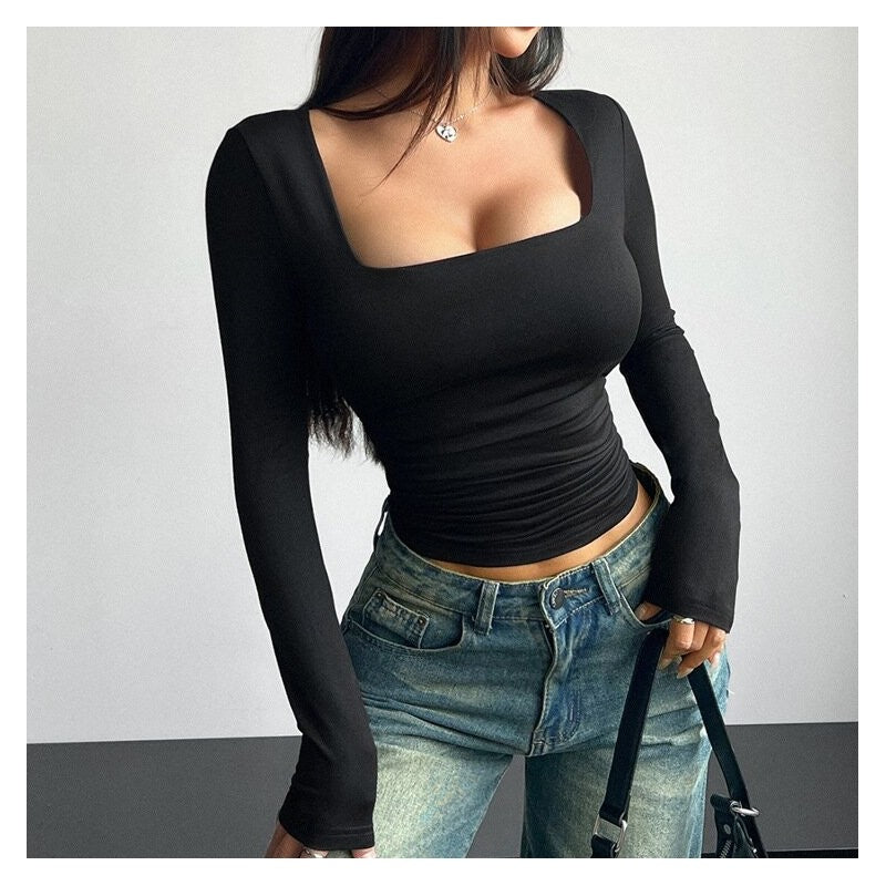 Chic Fitted Square Neck Long Sleeve Top