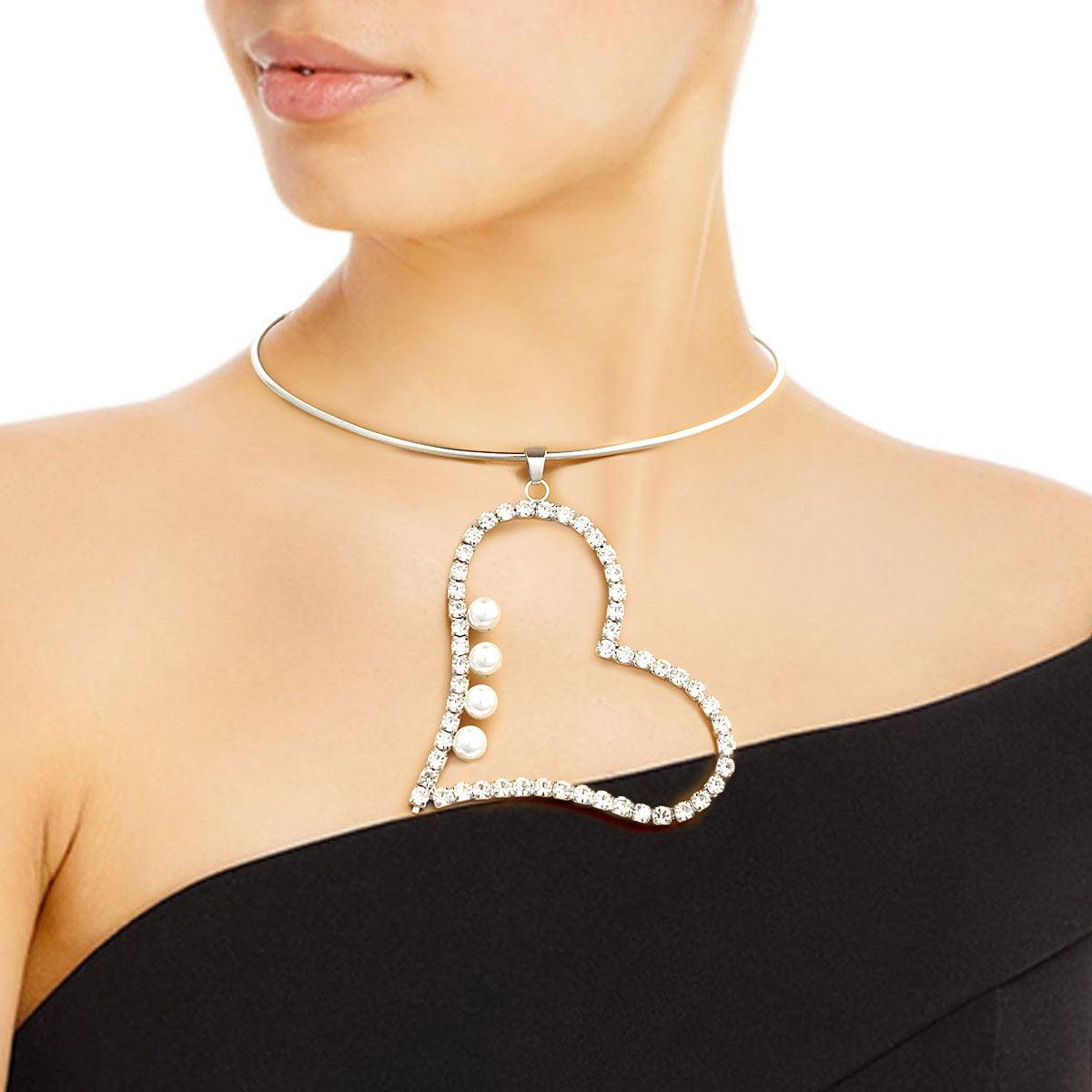 Silver Pearl Rhinestone Heart Choker