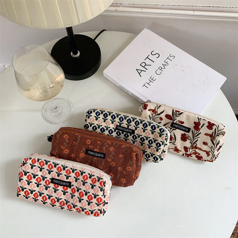 Corduroy Pencil Case Makeup Bag - Korean Style Retro Floral Canvas Pouch for Students