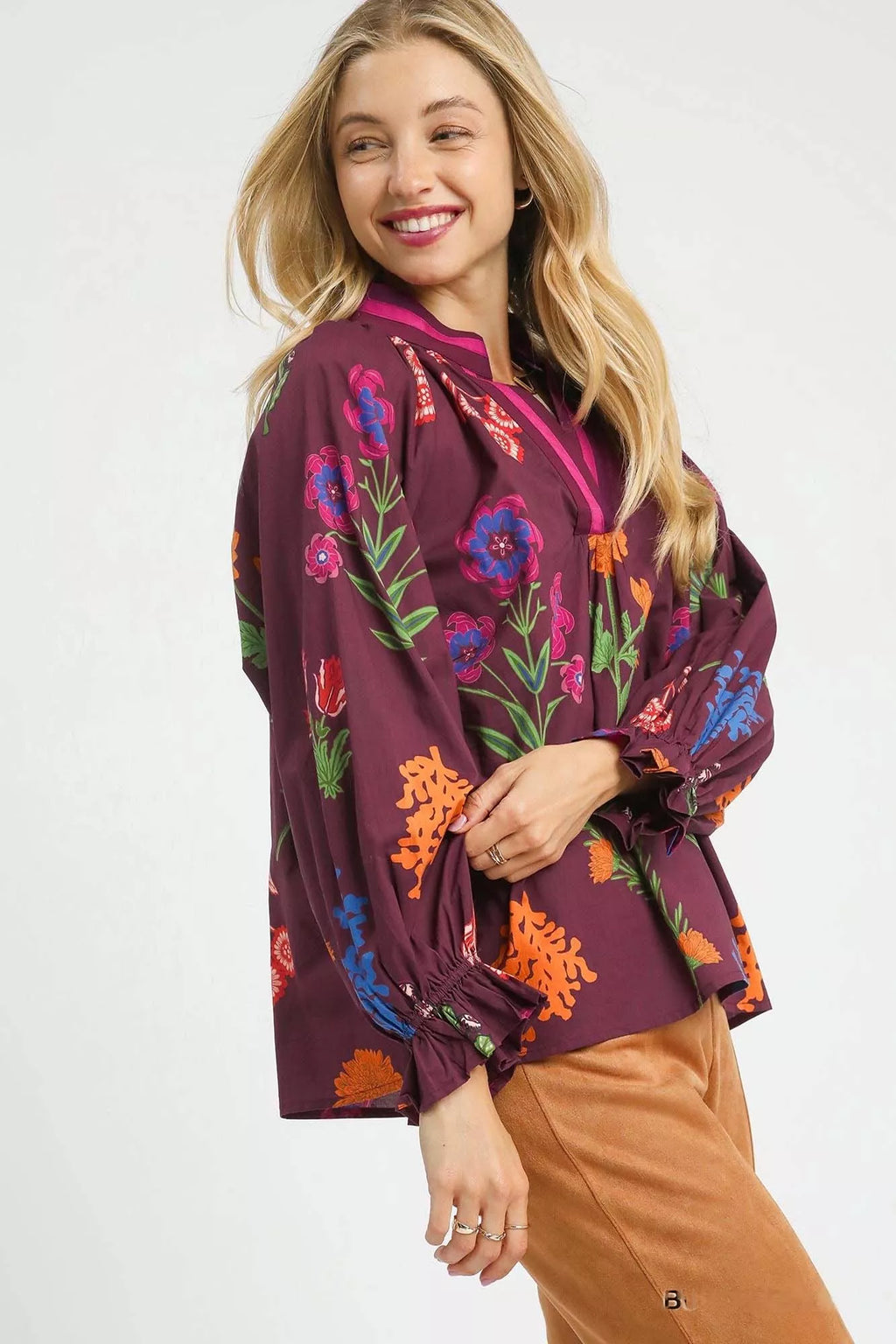 Floral Print Flounce Sleeve Blouse