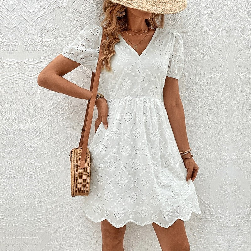 Stylish V-Neck Bubble Sleeve White Dress