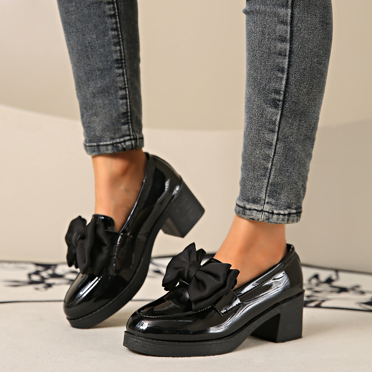 Women's Bowtie Platform Pumps - Low Heel Slip-On Dress Shoes