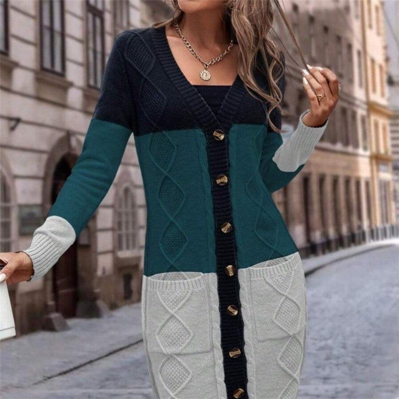 Knitted Cardigan With Color Blocking And Twisted Pattern