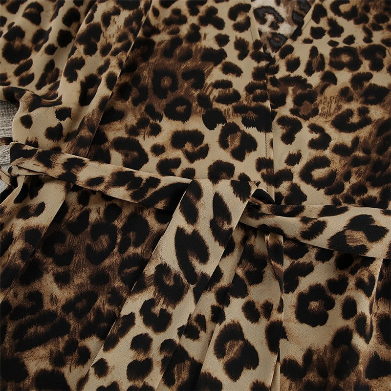 Leopard Print Tie-Waist Robe and Pants Ensemble