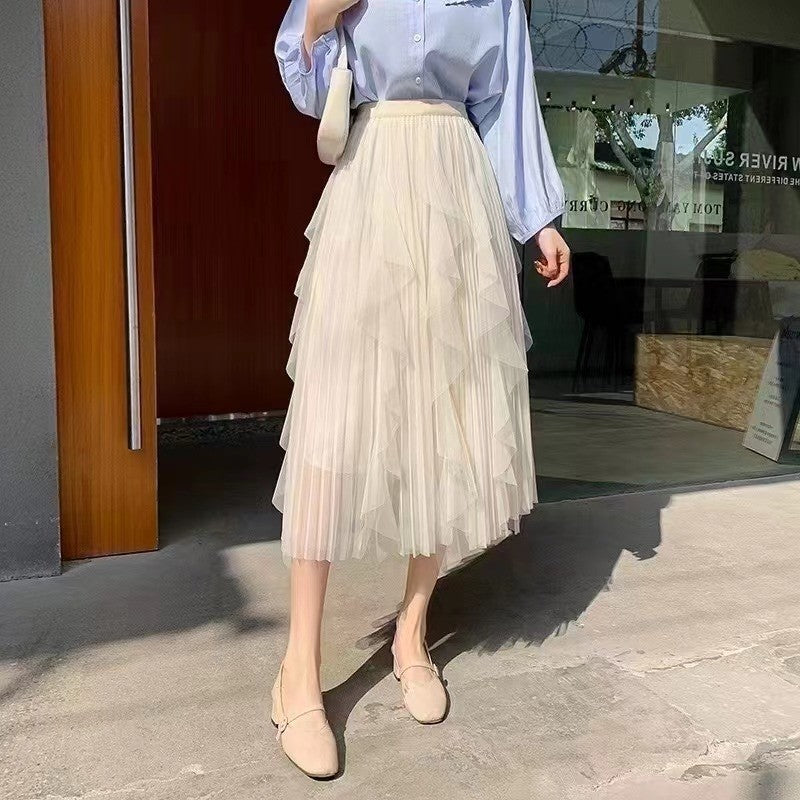 Solid Color Elastic Waist A-Line Mesh Skirt