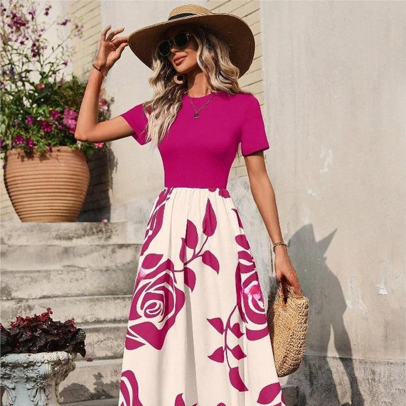 Crewneck Short Sleeve High Waisted Patchwork A-Line Maxi Dress
