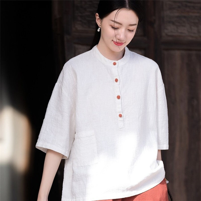 Stand Out in Style with our Solid Color Stand Collar Button-Up Short Sleeve Shirt