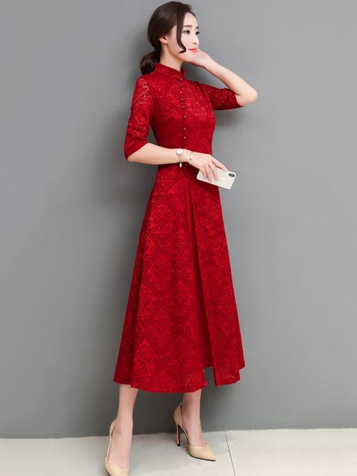 Red&Green Lace A-line Long Cheongsam Ao Dai