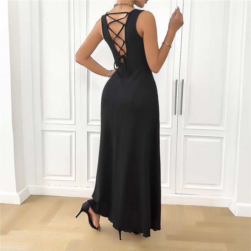 Solid Color Crewneck Sleeveless Backless Bandage Maxi Dress