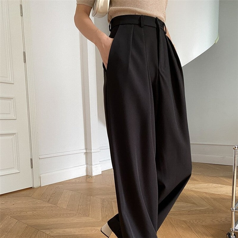Wide-Leg Floor-Length Suit Trousers in Loose Solid Color