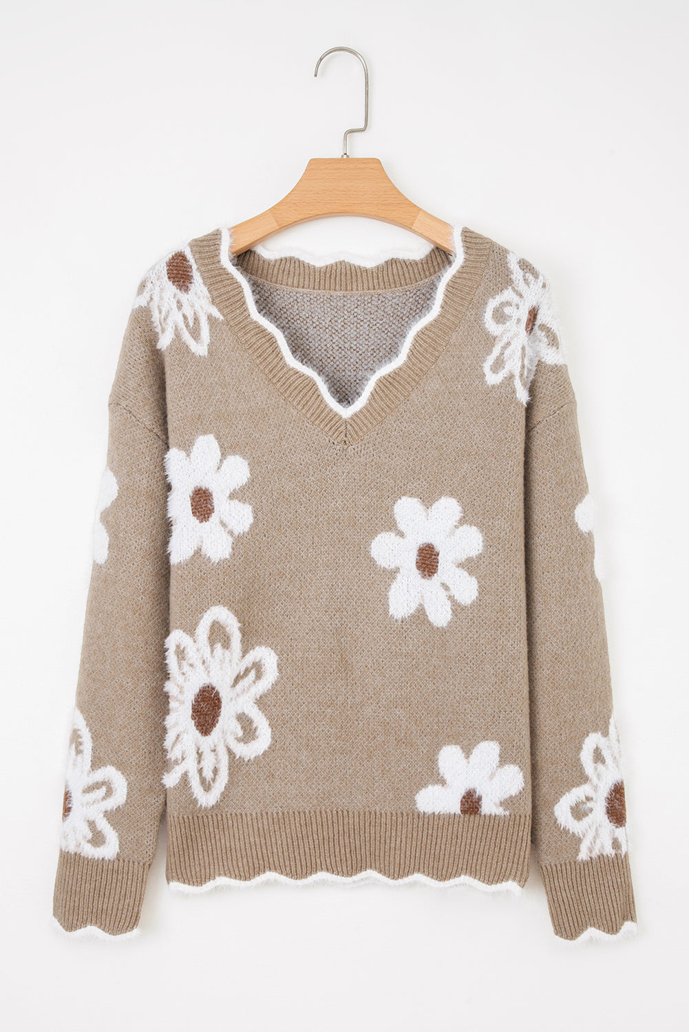 Smoke Gray Plush Flower Pattern Scalloped Trim V Neck Sweater