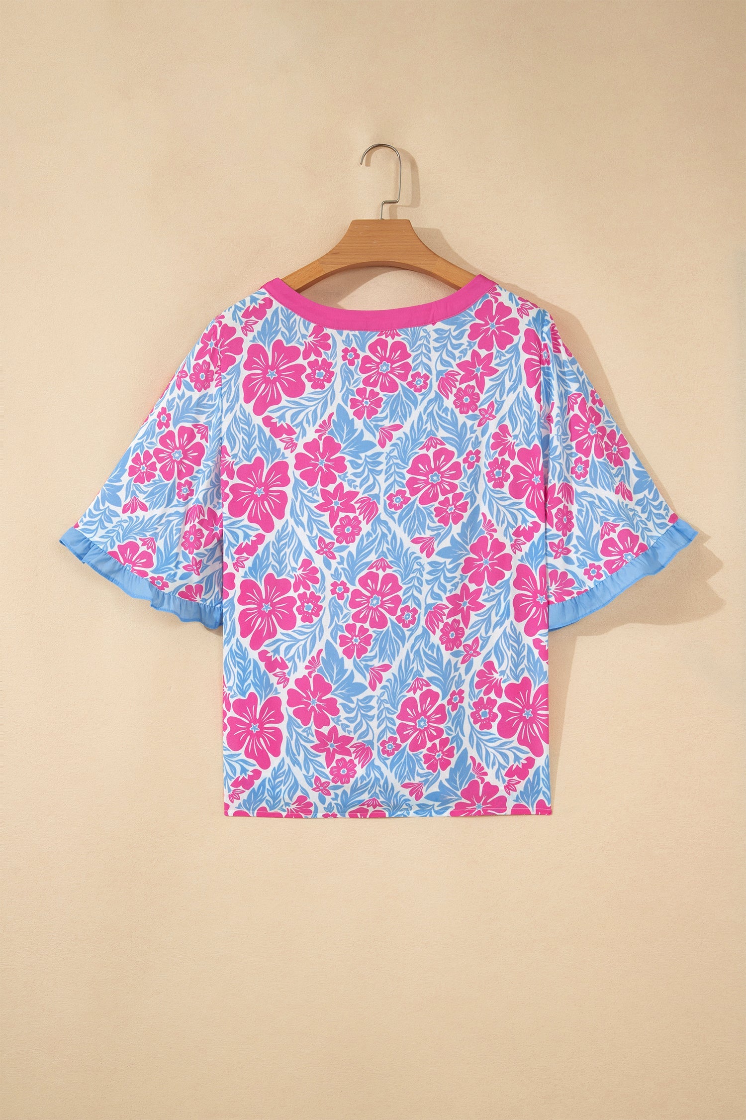 Rose Floral Print Ruffled Color Block Trim Half Sleeve Blouse