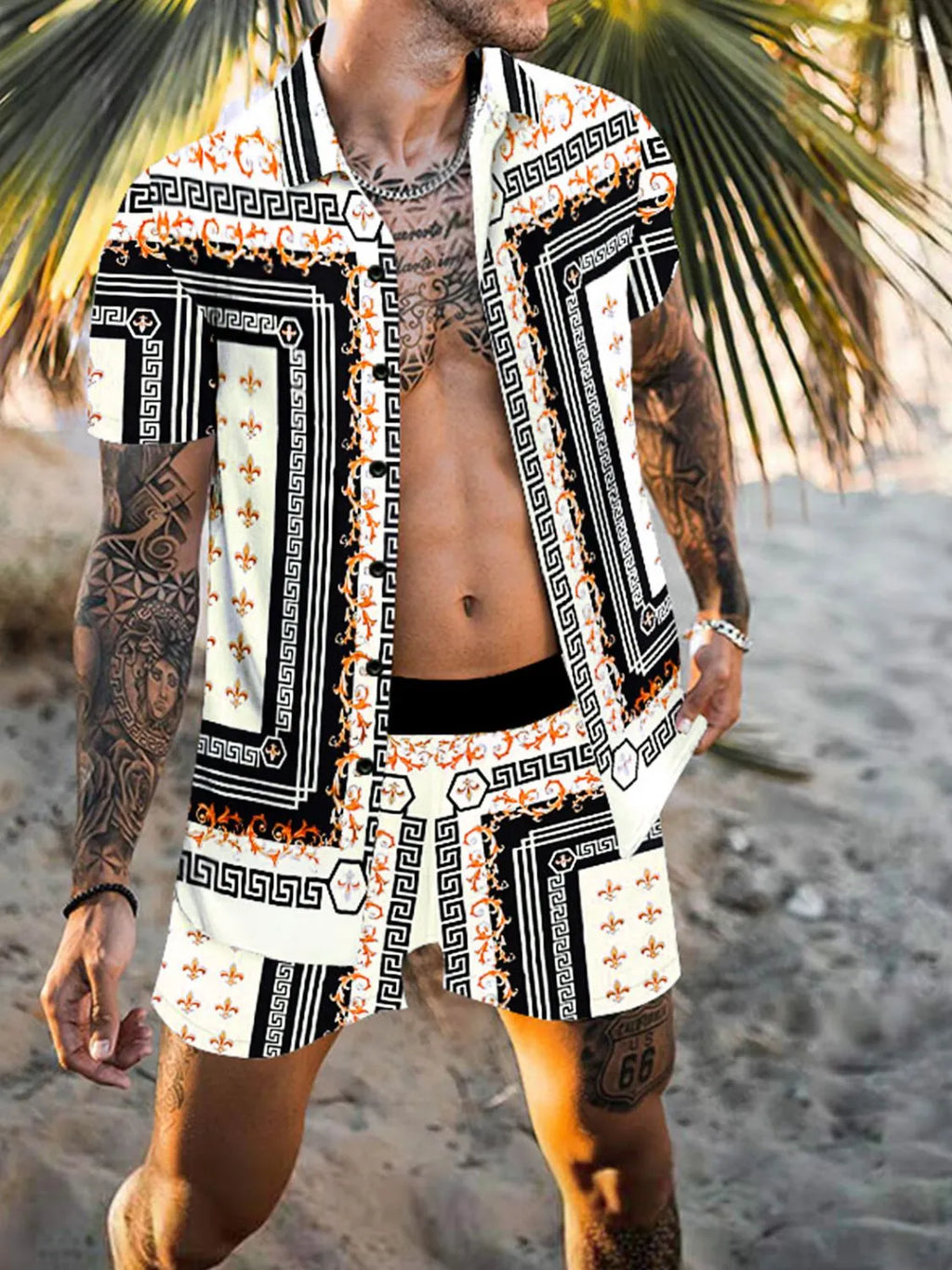 Men's Full Size Printed Collared Neck Short Sleeve Top and Shorts Set Plus Size