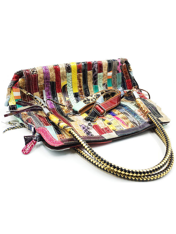 Split-Joint Striped Shoulder Sling Leather Bag