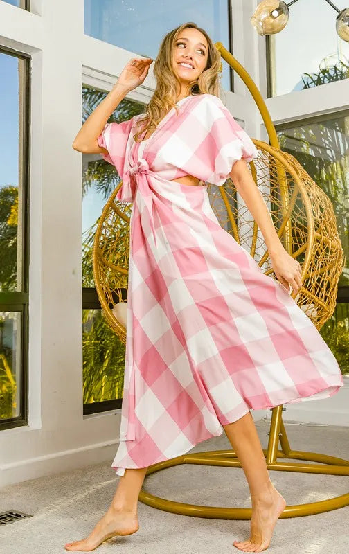 Front Tied Puff Sleeve Checkered Dress with Cut Out Detail