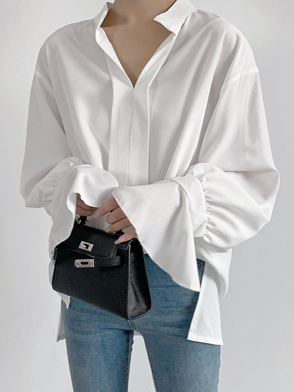 Flared Sleeves High-Low Buttoned Solid Color Split-Side V-Neck Blouses&Shirts Tops
