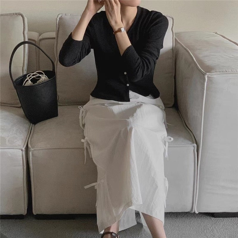 Solid Color Bow Tie Waist Midi Skirt