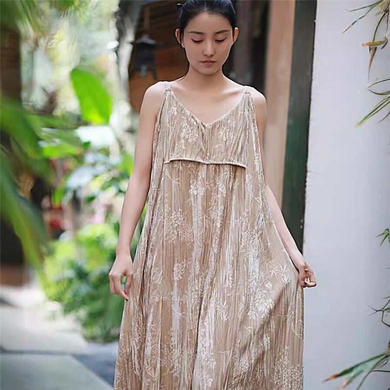 Velvet Printed Camisole Dress in Solid Color