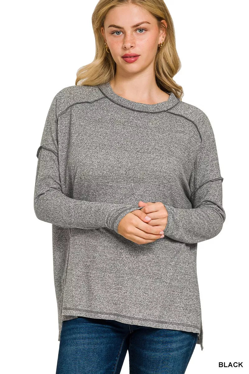Full Size Melange Hacci Exposed Seam Hi-low Tee Plus Size
