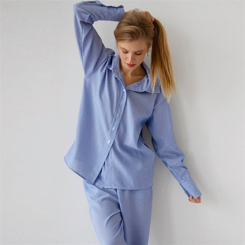 Chic Blue Striped Women's Two-Piece Suit