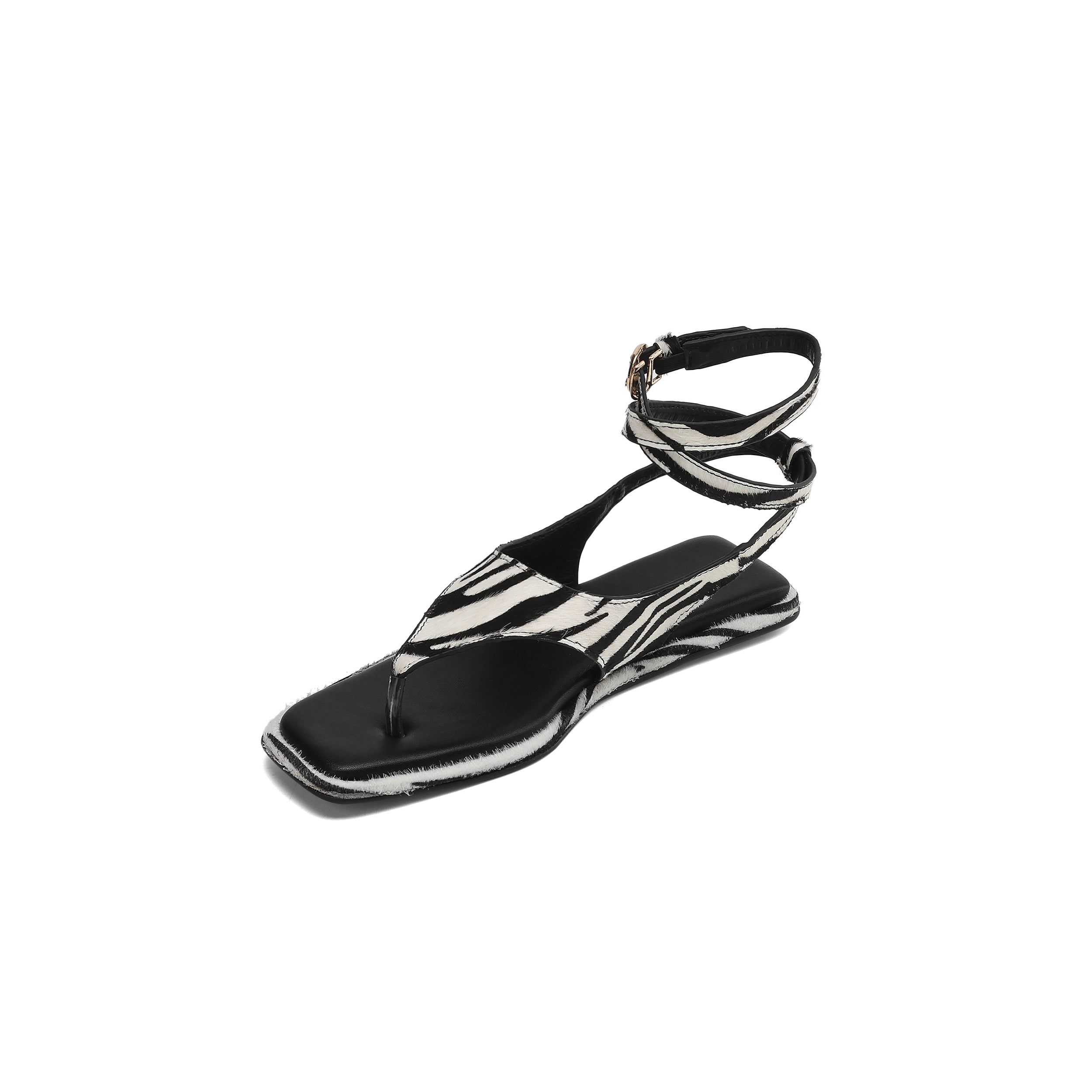 Women's Zebra Print Flat Sandals | Handmade Calf Hair Leather Thong Ankle Strap