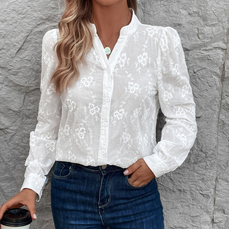 White Lace Embroidered Long Sleeve Blouse