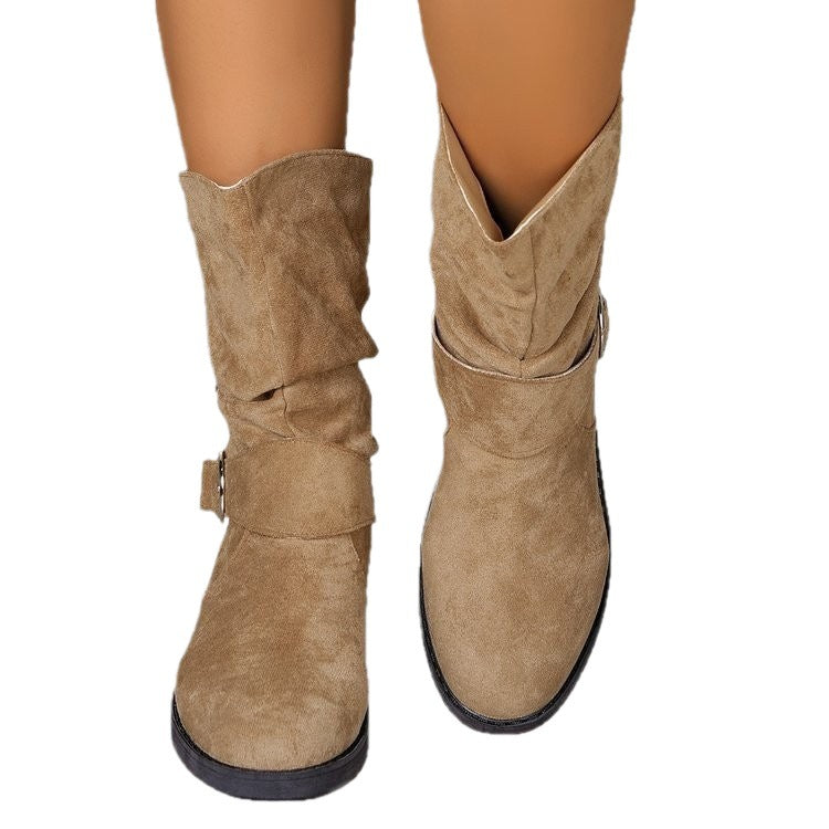 Women's Suede Chunky Heel Ankle Boots - Round Toe Cutout Design Winter Footwear