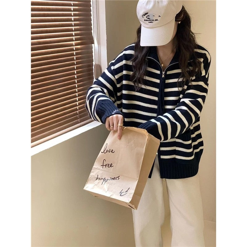 Long Sleeve Lapel Zipper Striped Casual Loose Knitted Cardigan Sweater