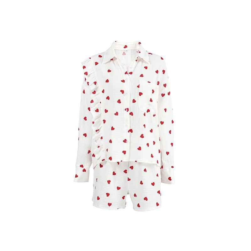 Heart Print Long Sleeve Lapel Single Breasted Top and Shorts Set - Cute Loungewear