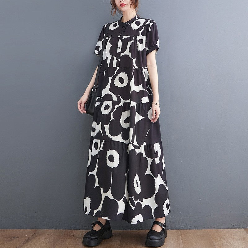 Loose Fit Fashion Short Sleeve Printed Midi Dress