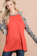 Jersey Knit Top with Camouflage Laser Cut Sleeves