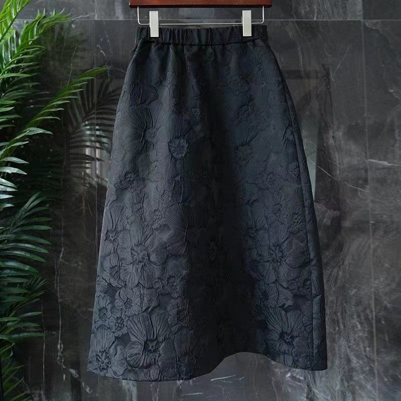 Solid Color Elastic Waist A-Line Jacquard Skirt
