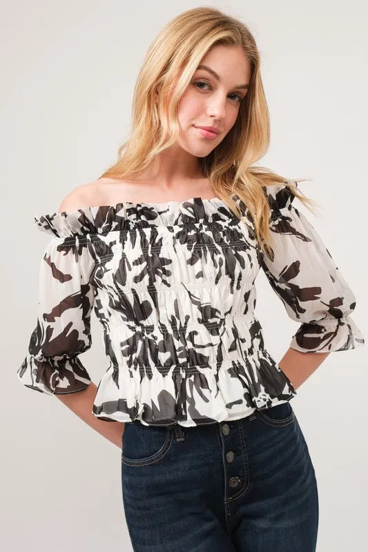 Smocked Off-Shoulder Floral Printed Top