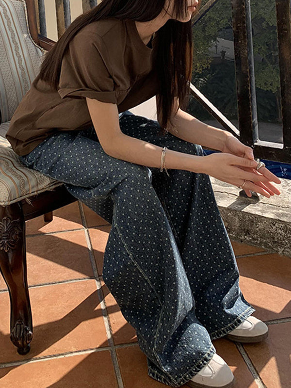 Loose Wide Leg Polka-Dot Split-Joint Jean Pants Bottoms