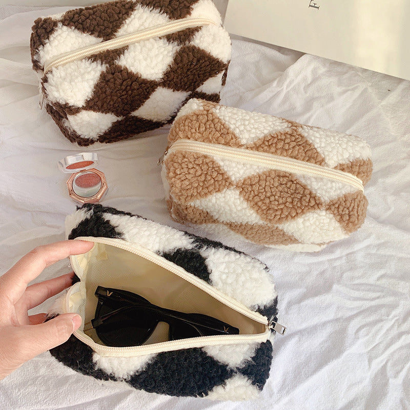 Plaid Plush Crossbody Bag | Large Capacity Makeup & Storage Organizer | Korean Style