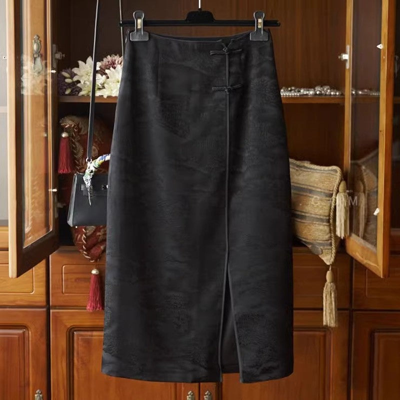 Retro Jacquard High Waisted Slit Skirt